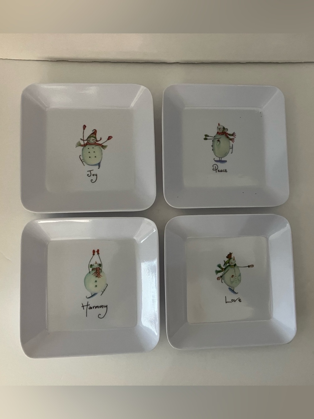 Threshold White Square Snowman Appetizer Plates - Joy, Peace, Harmony, Love